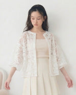 立体レース シアー ランタンスリーブ 前開きカーディガン