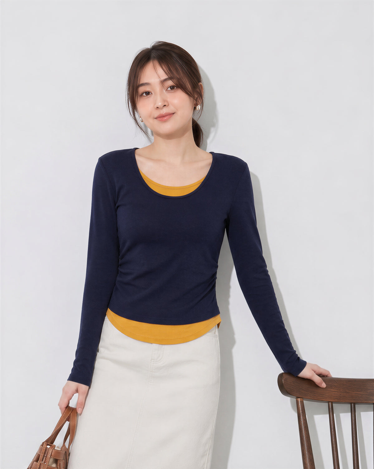S~XL レイヤード風 クルーネック スリムフィット フェイクツーピース 長袖Tシャツ