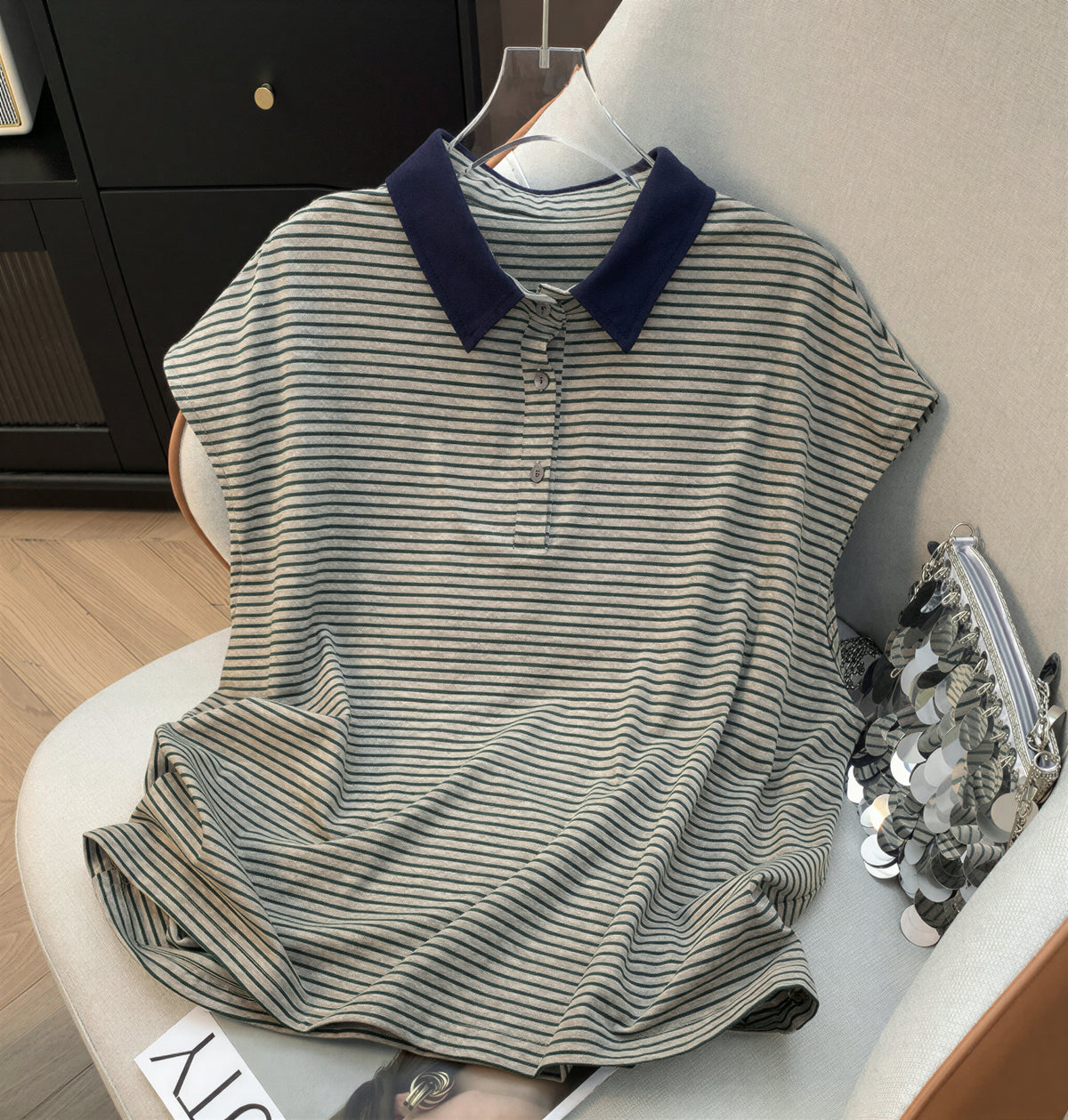 グリーン細ボーダー 襟付き 半袖Tシャツ