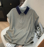 グリーン細ボーダー 襟付き 半袖Tシャツ