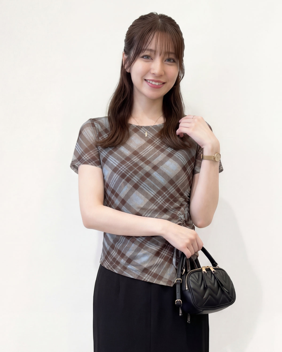 斜めチェック柄 アシンメトリーヘム ドロストウエスト 半袖Tシャツ-モカ色 Xライトブルー-3XL