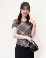 斜めチェック柄 アシンメトリーヘム ドロストウエスト 半袖Tシャツ-モカ色 Xライトブルー-3XL