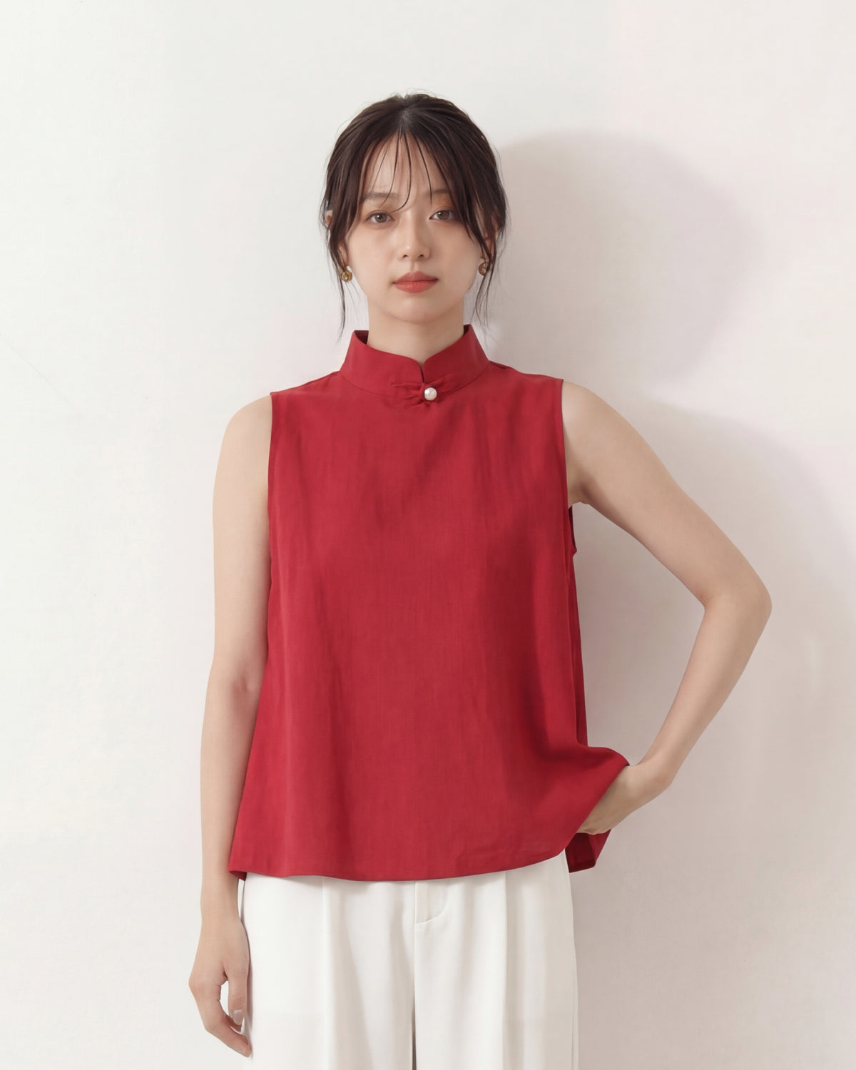 スタンドカラー チャイナボタン Aラインシルエット ノースリーブシャツ-レッド-3XL