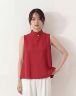 スタンドカラー チャイナボタン Aラインシルエット ノースリーブシャツ-レッド-3XL