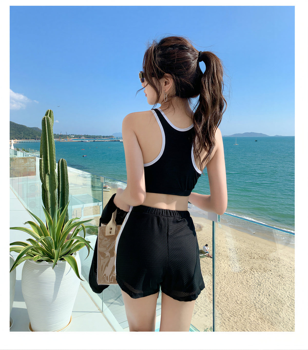 フード付き ゆったり シーム切り替えデザイン セパレート3点セット水着（カバーアップ＋タンクトップ型水着＋ボクサーショーツ）