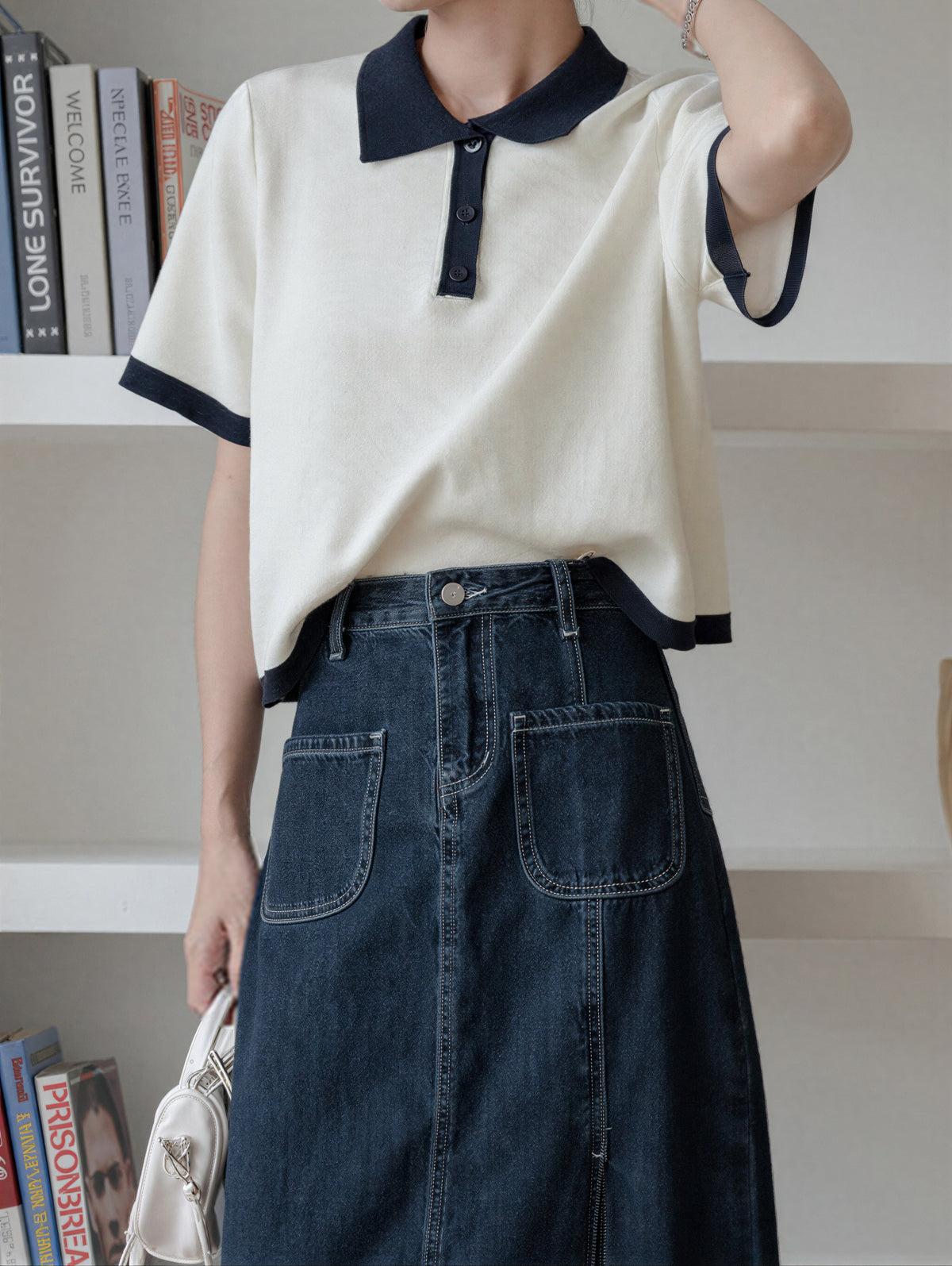 配色POLO襟ショート丈ニットトップス