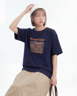ネイビー ゆったり ドロップショルダー クルーネック プリント 半袖Tシャツ