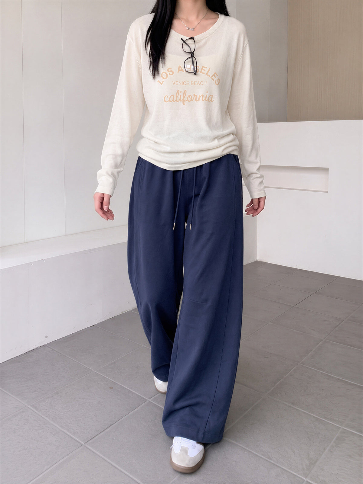 【全4色】M~XL ハイウエスト ドローストリング 裾だまりワイドパンツ