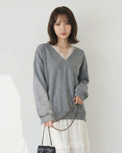 深Vネック ルーズ ドロップショルダースウェット-グレー-XL