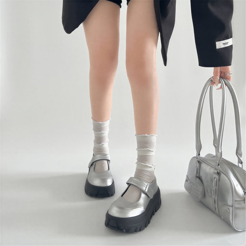 厚底・スタイルアップ レトロバックル メリージェーンシューズ-シルバー-42