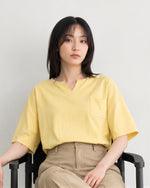 ゆったりドロップショルダーポケットTシャツ-イエロー-F