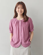 ラウンドネック タック入り パフスリーブブラウス-チェリーレッド-2XL