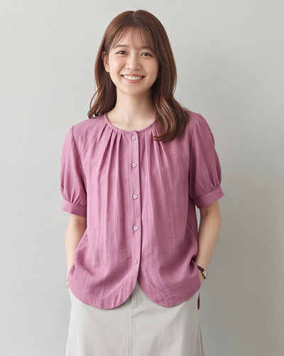 ラウンドネック タック入り パフスリーブブラウス-チェリーレッド-2XL