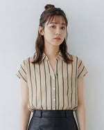 縦ストライプ 開襟カラー 半袖 シフォンブラウス