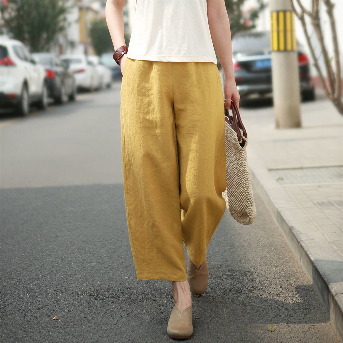 ゆったりストレートハイウエストパンツ-イエロー-4XL