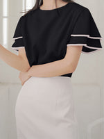 フリルフレアスリーブ 配色パイピングTシャツ-ブラック-L