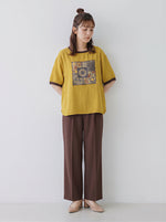 ゆったりクルーネック 配色トリムプリントTシャツ