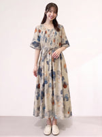 M~2XL ライトベージュ Vネック ウエストリボン 花柄ロングワンピース