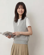 Vネックスリット 配色切り替え リブ仕上げ フェイクレイヤード 半袖Tシャツ