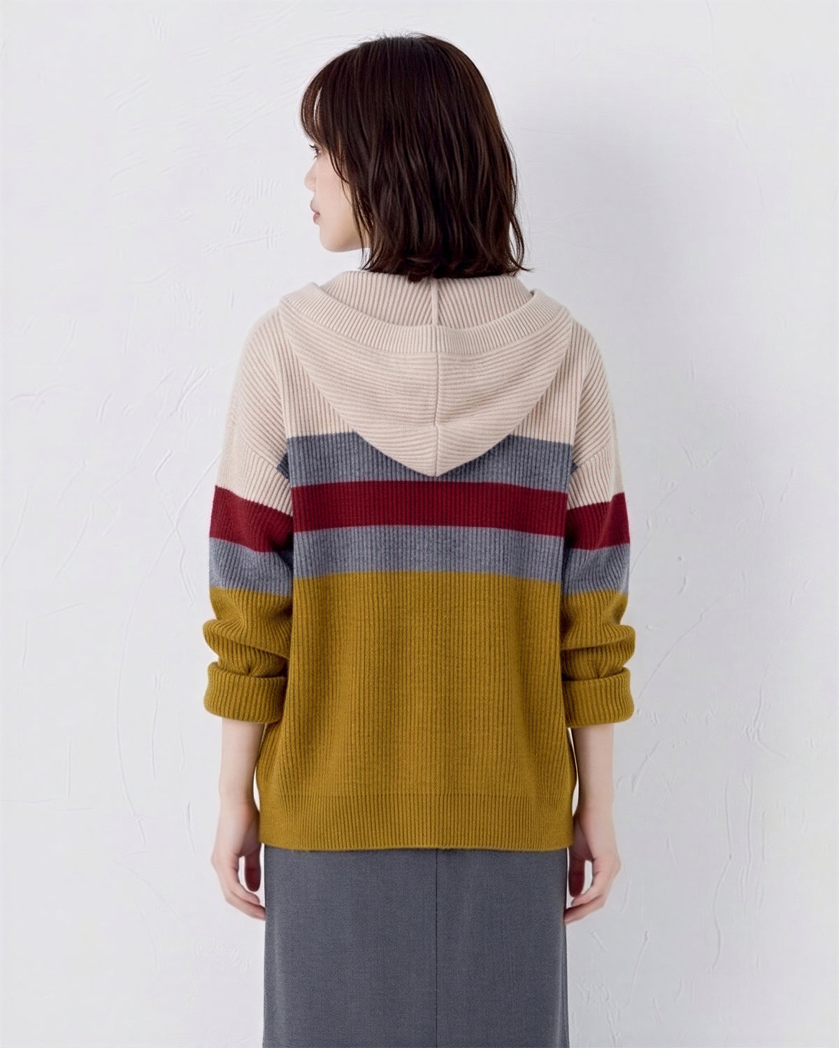 【秋新作】「全4色」M~4XL 切り替えボーダー ドローストリング フード付きニットカーディガン
