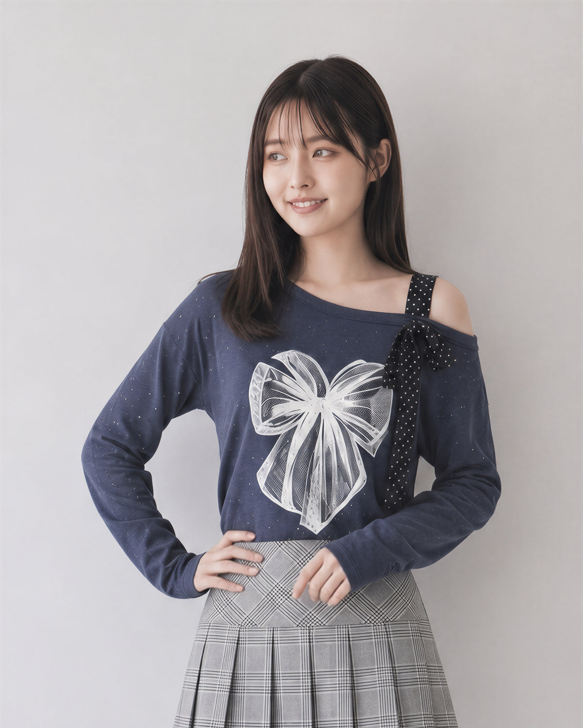 【全2色】M~2XL オフショルダー リボンプリントTシャツ