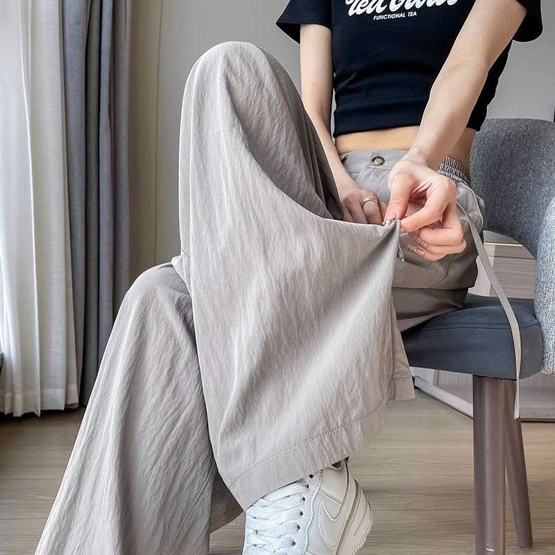 ハイウエスト ドロスト ゴムウエスト ワイドパンツ-アッシュグレー-2XL