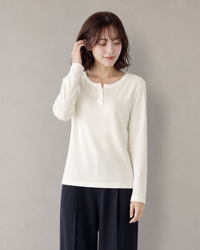 スモールVスリットネック スリムフィット長袖Tシャツ-ホワイト-L