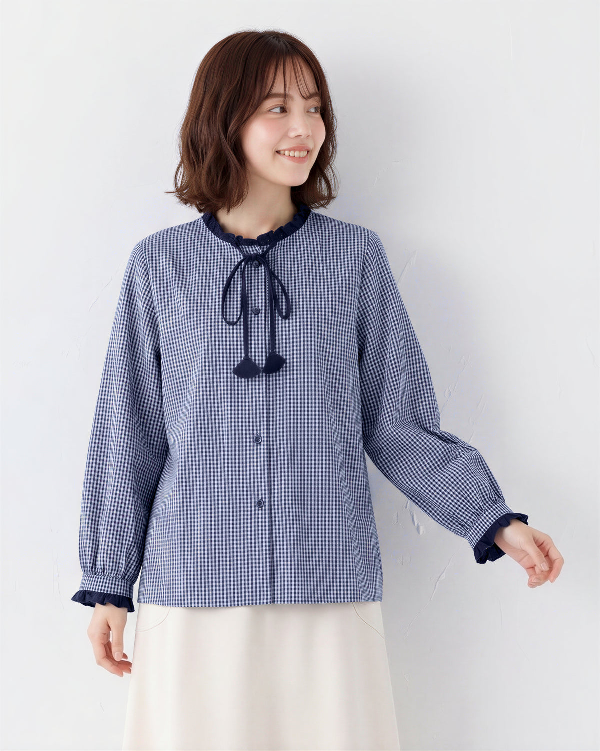 【秋新作】S~2XL フリルネックリボン付きチェックシャツ