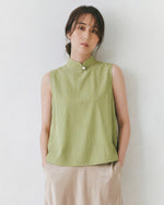 スタンドカラー チャイナボタン Aラインシルエット ノースリーブシャツ-カーキ-3XL