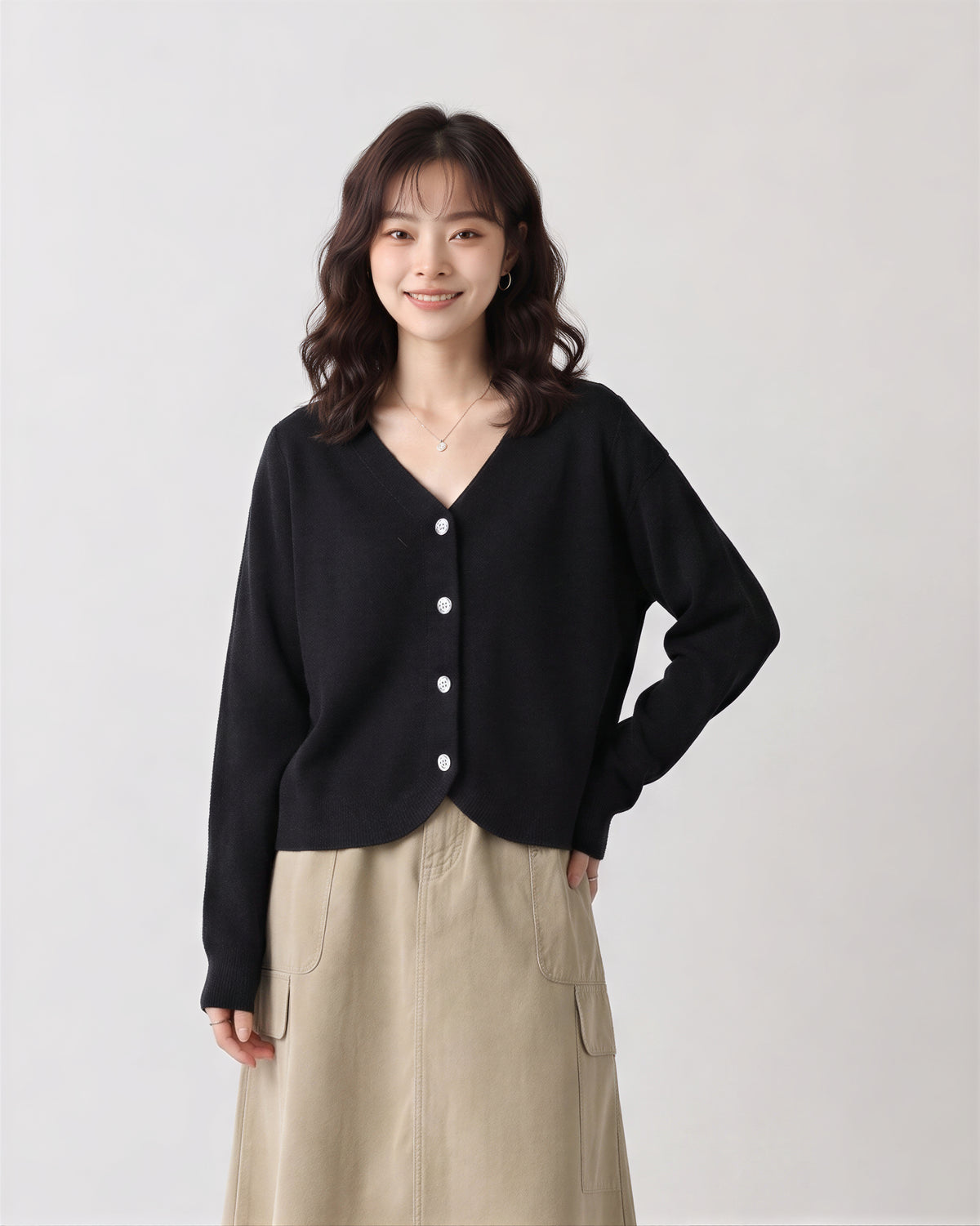 【全2色】S-2XL Vネック ラウンドヘム ゆったりニットカーディガン
