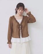 【全2色】【秋新作】S~XL フリル縁レースアップ フェイクレイヤードシャツ