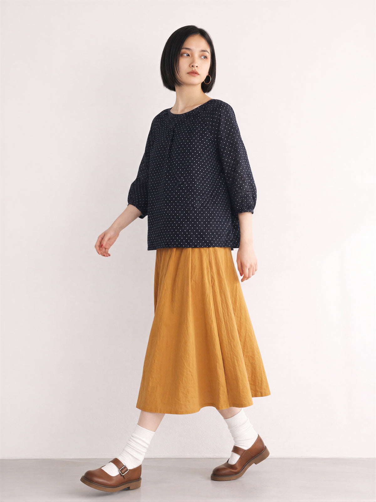 M-2XL ネイビードット ギャザー入り ゆったりブラウスXL