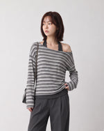 アシンメトリーショルダー 肌見せ ボーダー フェイクレイヤードTシャツ-グレー-FREE