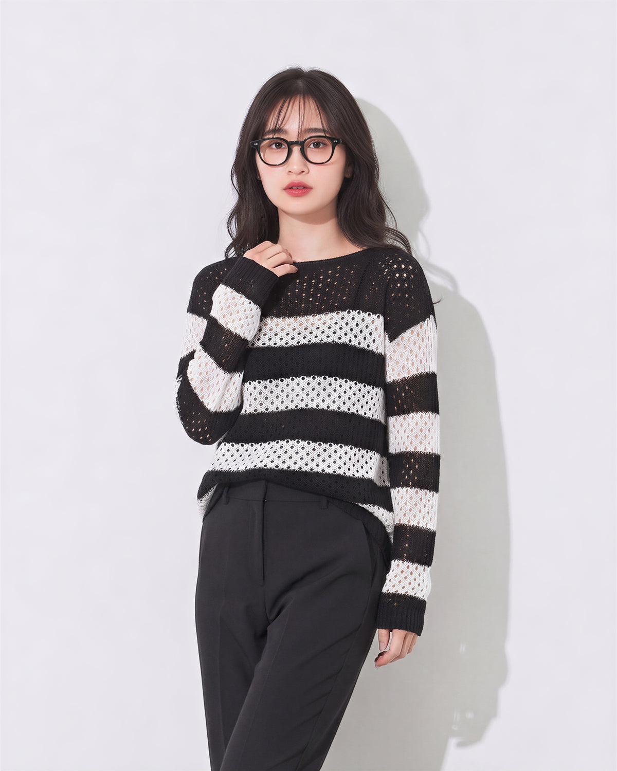 M~4XL 白黒ボーダー 透かし編み ルーズニット