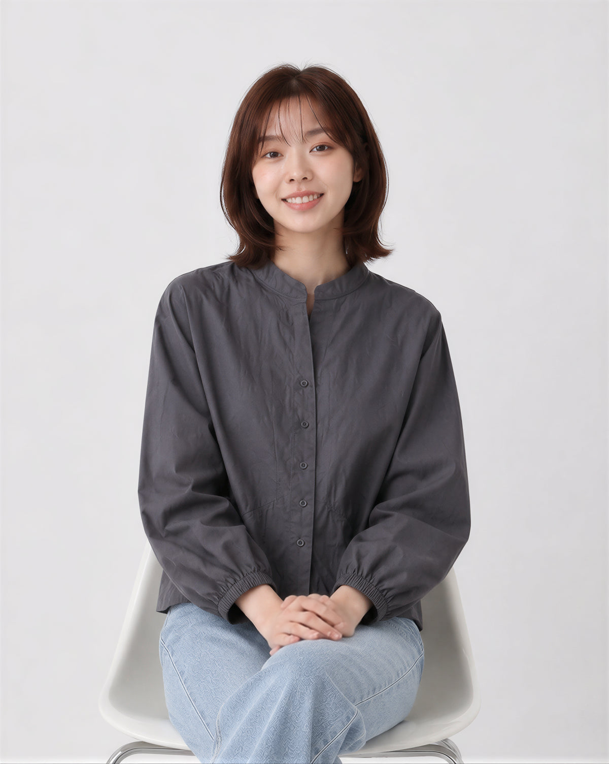 S~XL スタンドカラー ウエストシェイプ バルーンスリーブブラウス