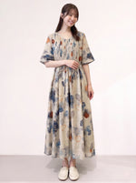 M~2XL ライトベージュ Vネック ウエストリボン 花柄ロングワンピース
