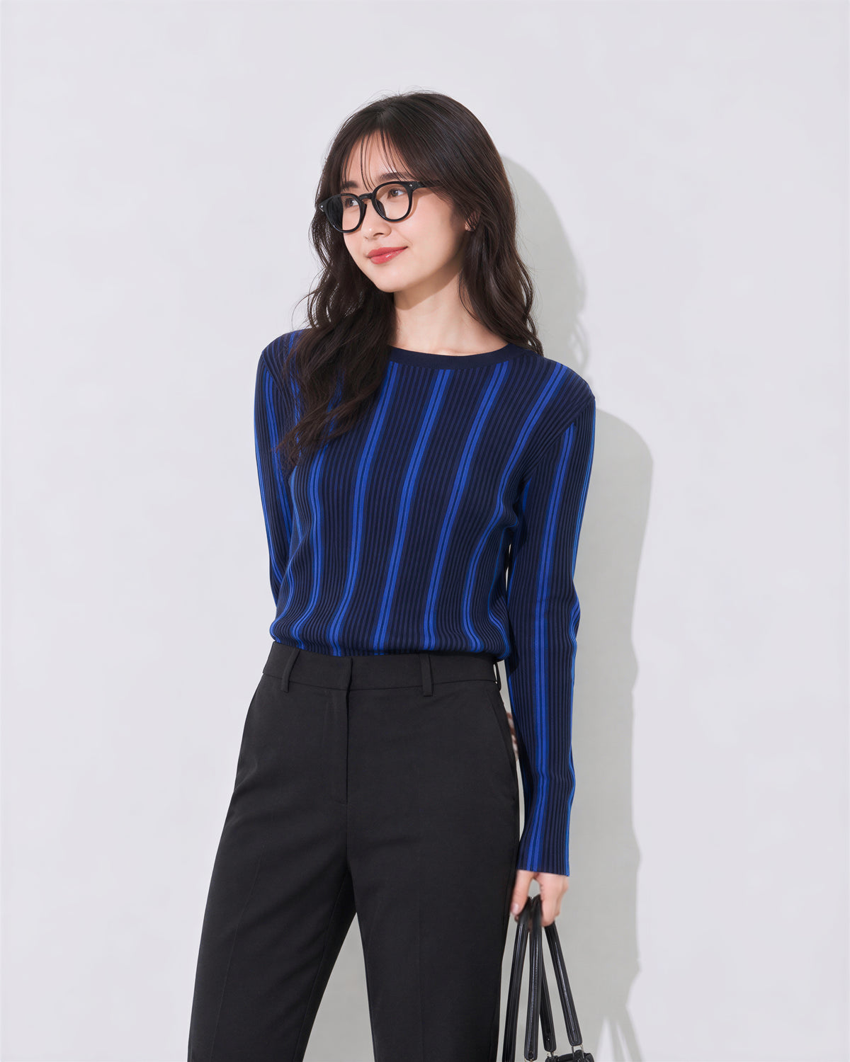 【秋新作】S~XL スリムフィット 縦ストライプ クルーネックニット