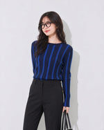 【秋新作】S~XL スリムフィット 縦ストライプ クルーネックニット