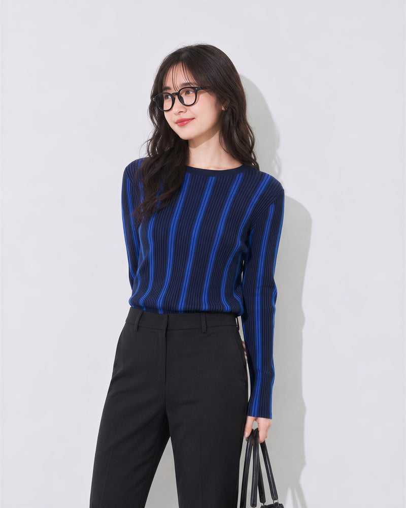 【秋新作】S~XL スリムフィット 縦ストライプ クルーネックニット