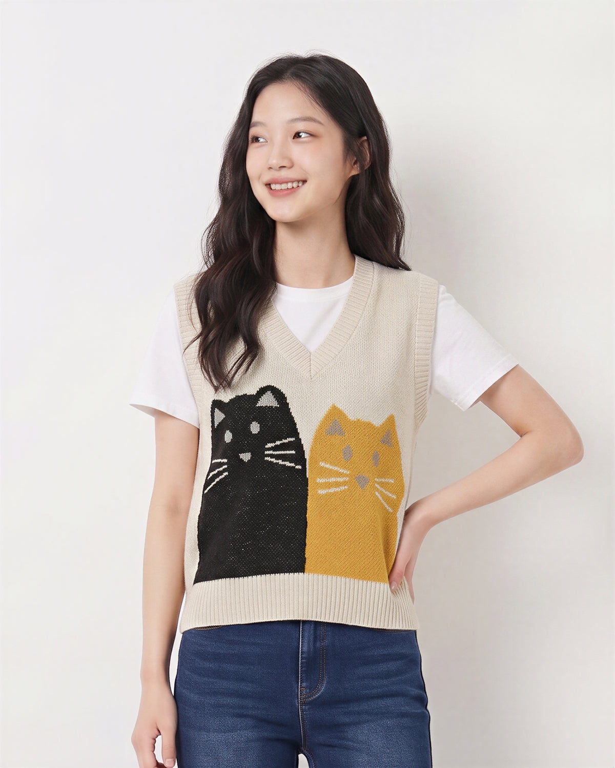 ライトベージュ 猫ジャカード Vネックニットベスト