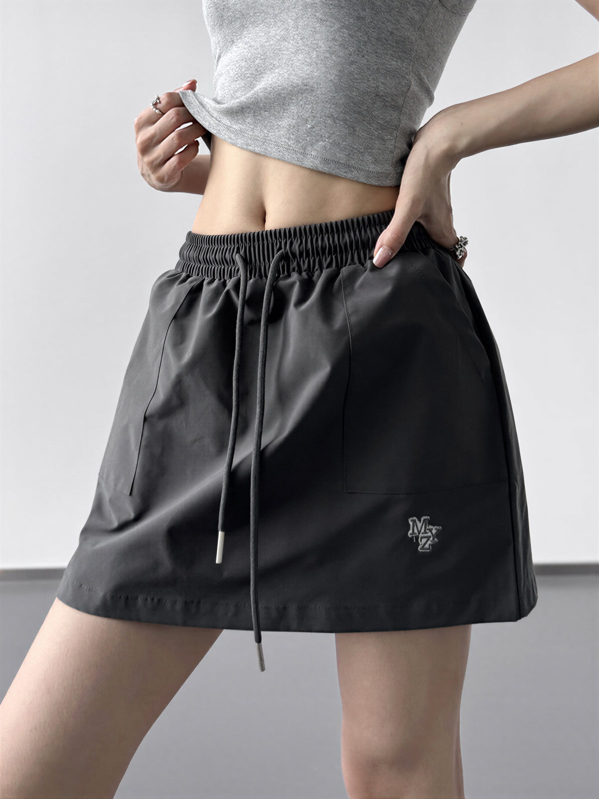 S-XL ウエストゴム ドローストリング Aラインミニスカート