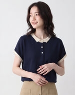 配色襟ジャカードPOLOシャツ-ダークブルー-XL