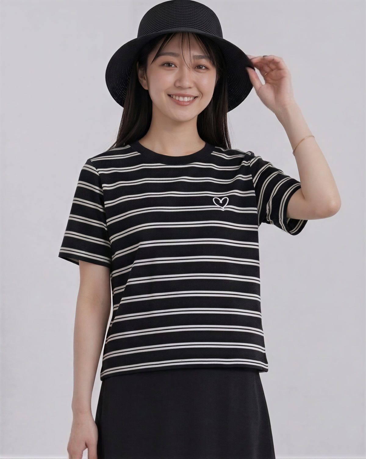 ブラック ボーダー クルーネック ゆったり 半袖Tシャツ