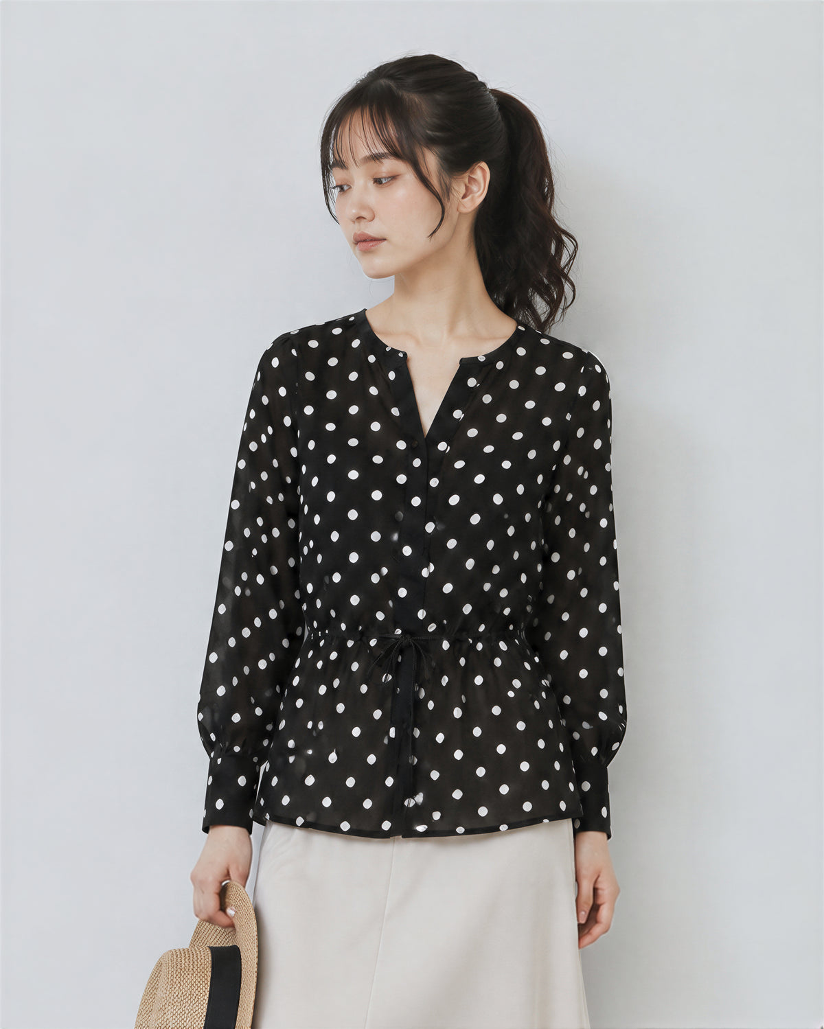 L~4XL ブラックドット ウエストマークブラウス