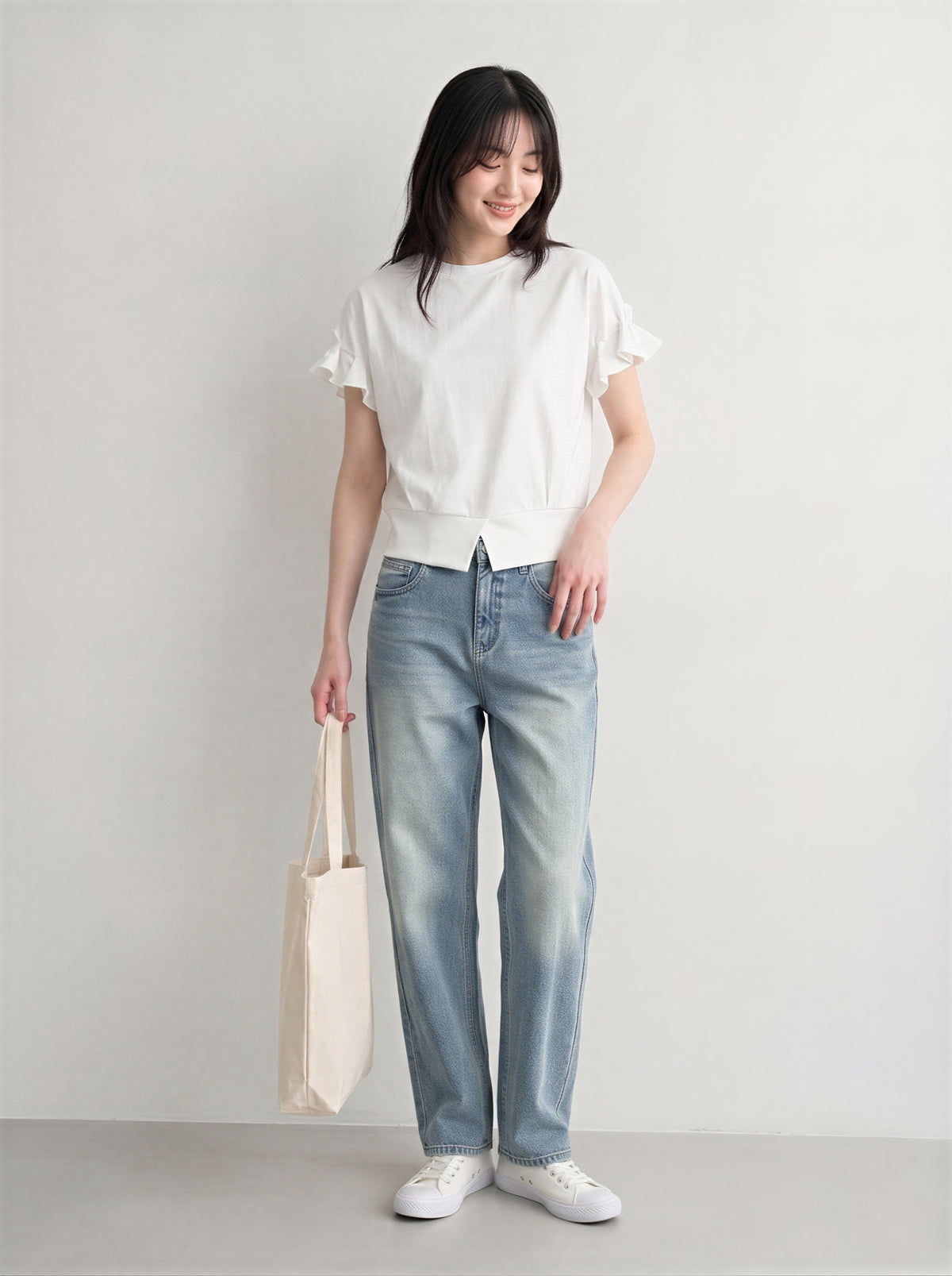 フリルスリーブ ウエストシェイプ ショート丈Tシャツ