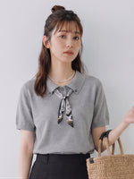 グレー リボン付き襟付き半袖ニット