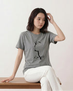 グレー ゆったりドロップショルダー アニマル線画プリント 半袖Tシャツ