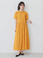 【全2色】M~2XL スタンドカラー 前ボタン ハイウエスト プリーツ ロングワンピース