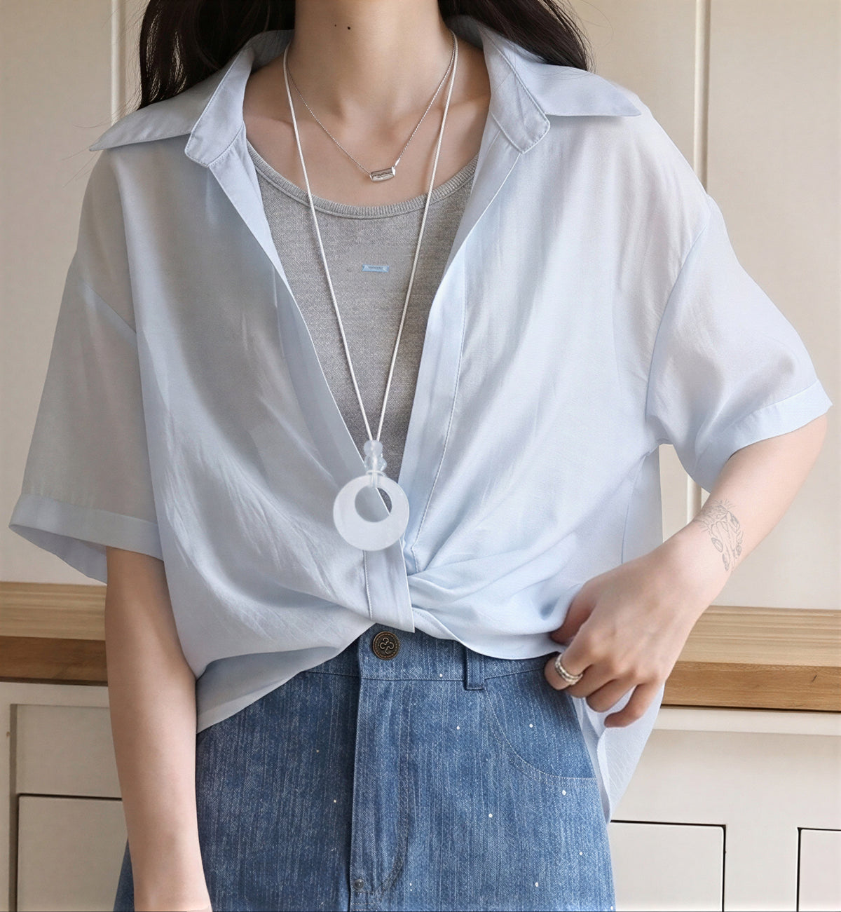 半袖シャツ 薄手 ゆったり 襟付き フロントリボンデザイン ポリエステル