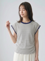 ブルーストライプ 配色ネックトリムTシャツ